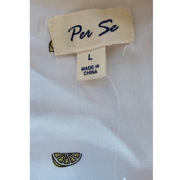 NWT‎ Per Se Lemons Print Button Down Shirt Women Size L White Cuffed Cap Sleeve - Picture 5 of 5